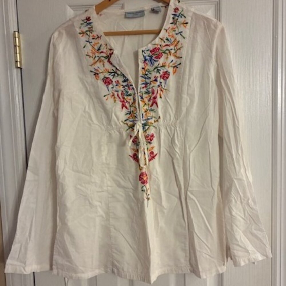 Valerie Stevens Women's 100% Cotton White Embroidered Peasant Boho Top Shirt XL